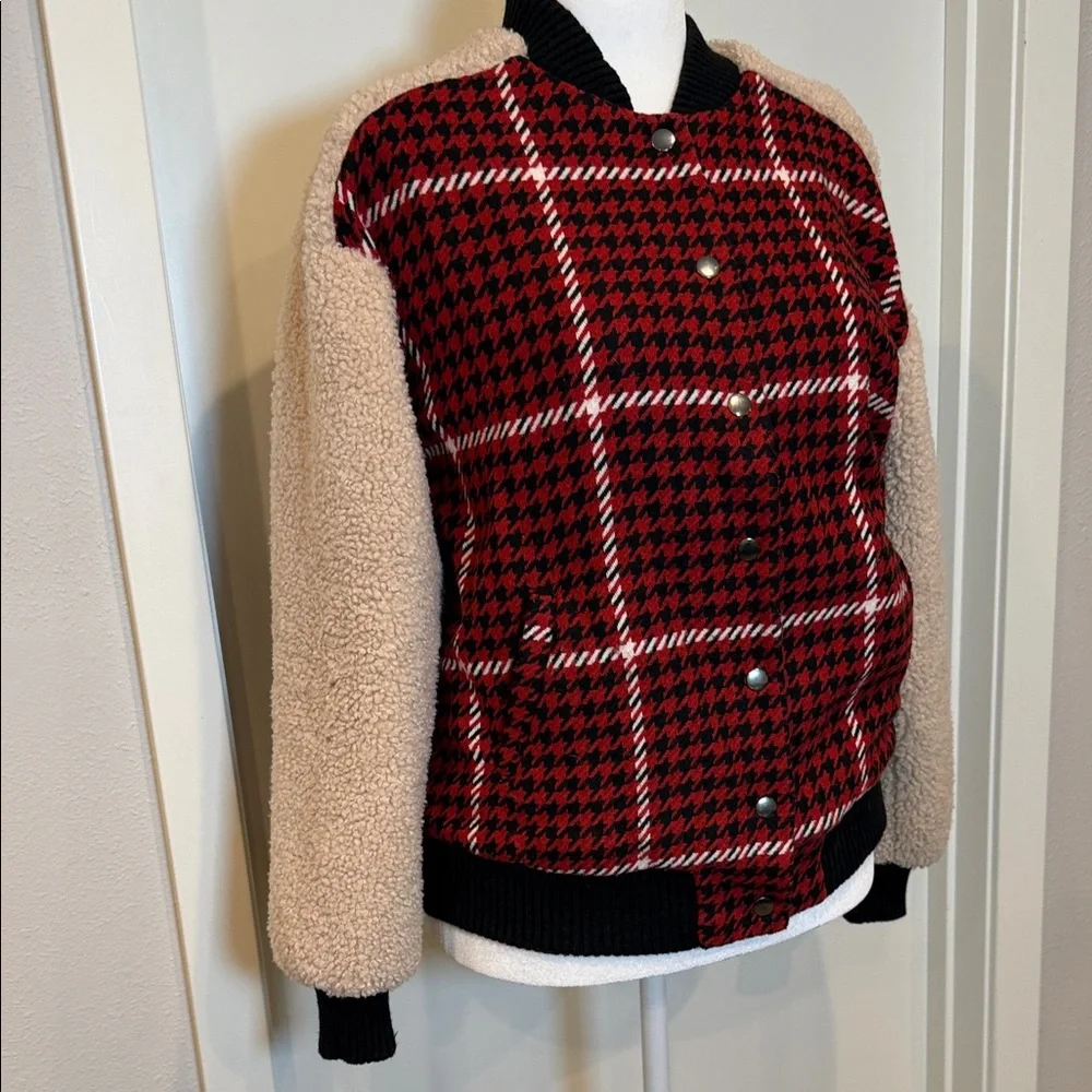 Ro & De Faux Shearling Varsity Bomber Jacket Women’s Small Red Plaid